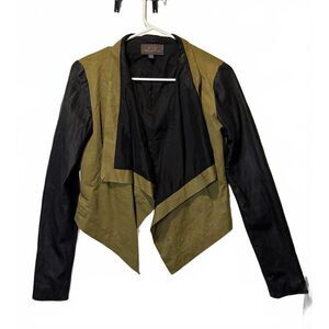 PJK Patterns by J. Kinkaid Olive Moto Jacket Faux Leather Sleeves Sz S